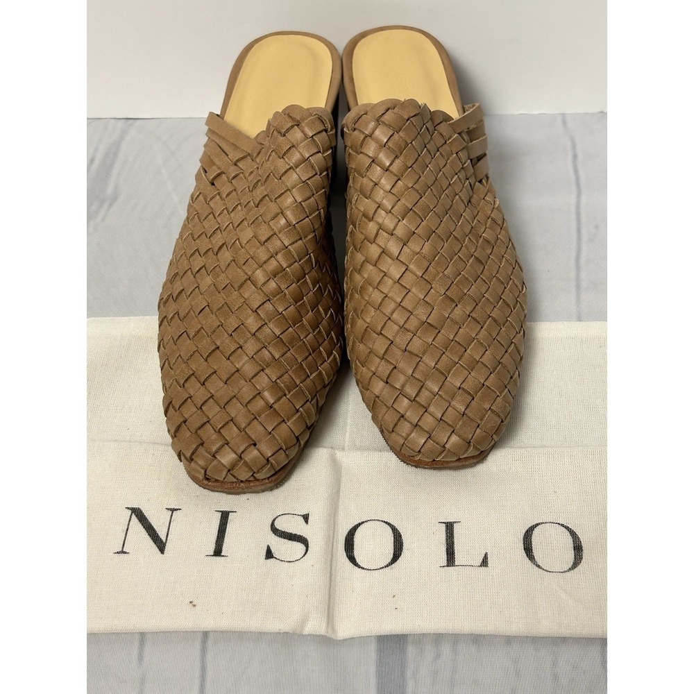 Nisolo All-Day Woven Heeled Mule SZ 9 Leather Slip-on Sandal Block Heel Almond - Picture 5 of 9